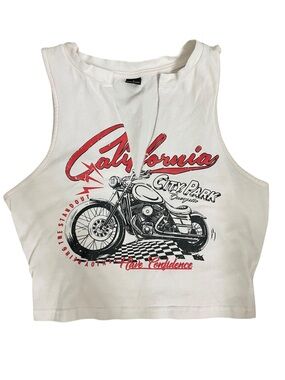 White California Biker Motorcycle Graphic Split V-Neck Crop Tank Top Size S